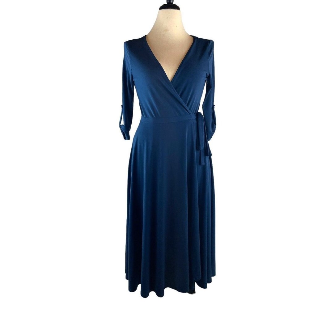 ModCloth Midi Dress Women Size Medium Wrap Style Stretchy Deep Teal Blue USA